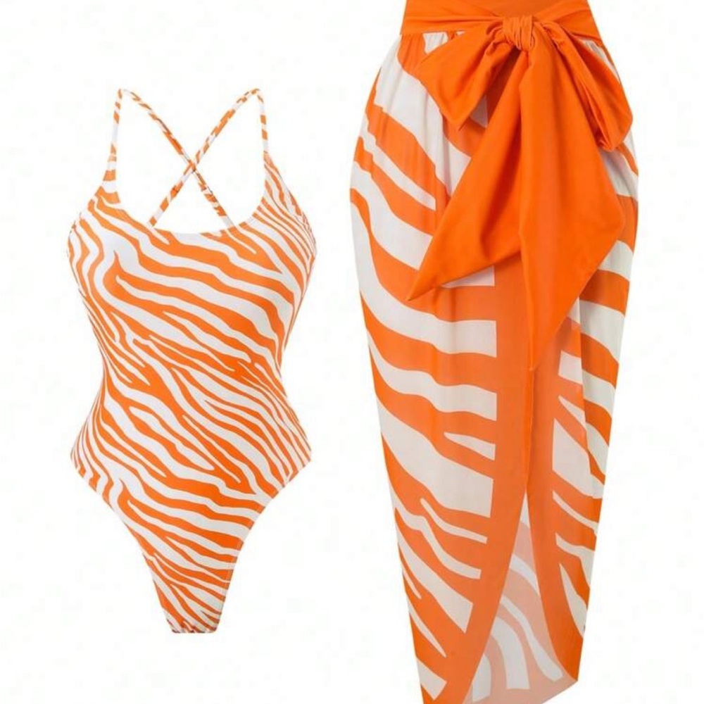 NWOT Orange Zebra Print One-Piece Swimsuit with Sarong size Extra Large
